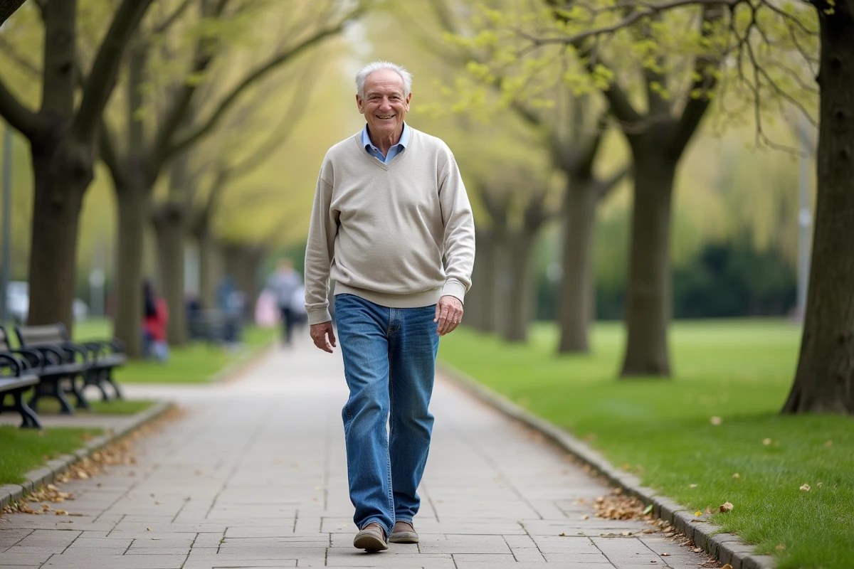 Homme âgé marchant dans un parc printanier