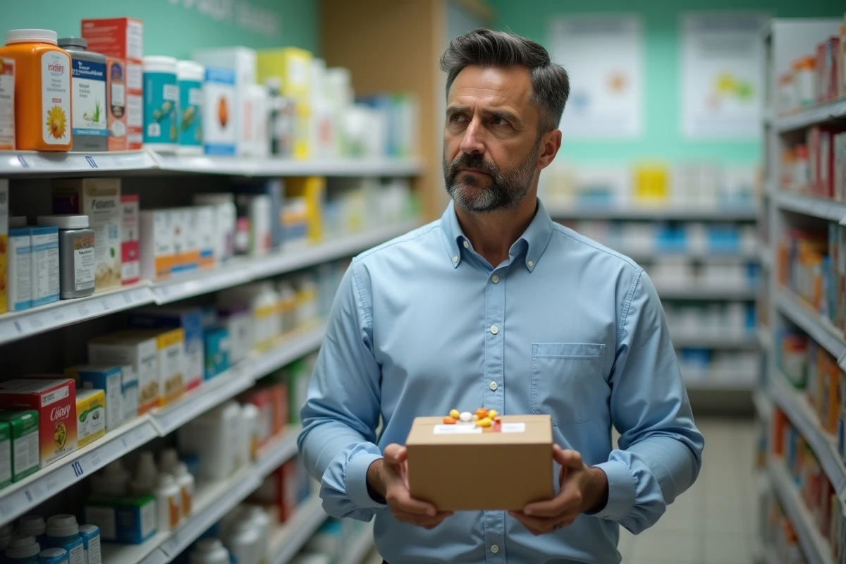 Homme dans une pharmacie tenant un box de supplements