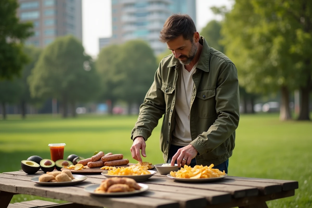 Homme arrangeant des snacks caloriques sur une table de pique-nique