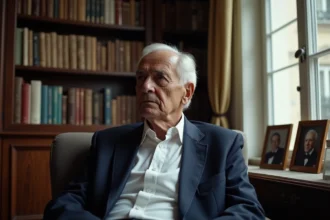 Portrait d'un homme politique français âgé assis dans un appartement parisien, expression réfléchie et digne