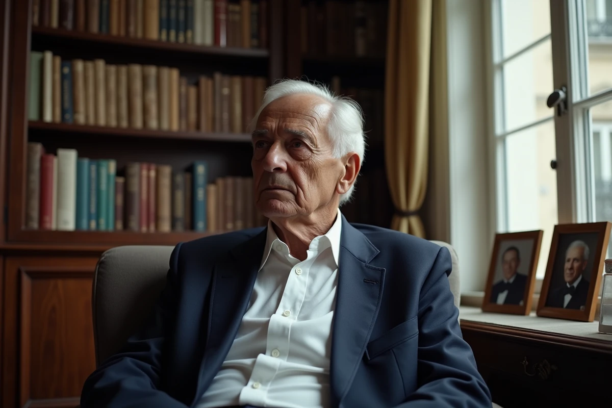 Portrait d'un homme politique français âgé assis dans un appartement parisien, expression réfléchie et digne
