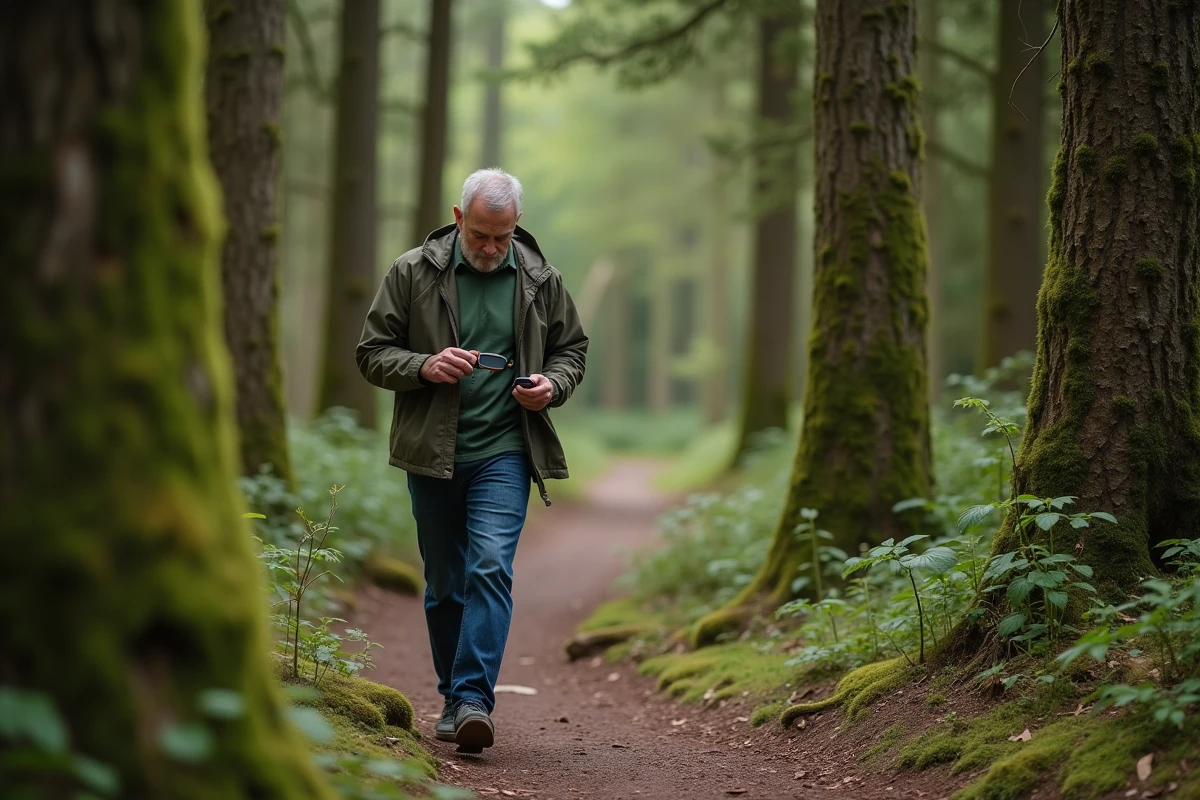 Homme en randonnée dans la forêt avec podomètre