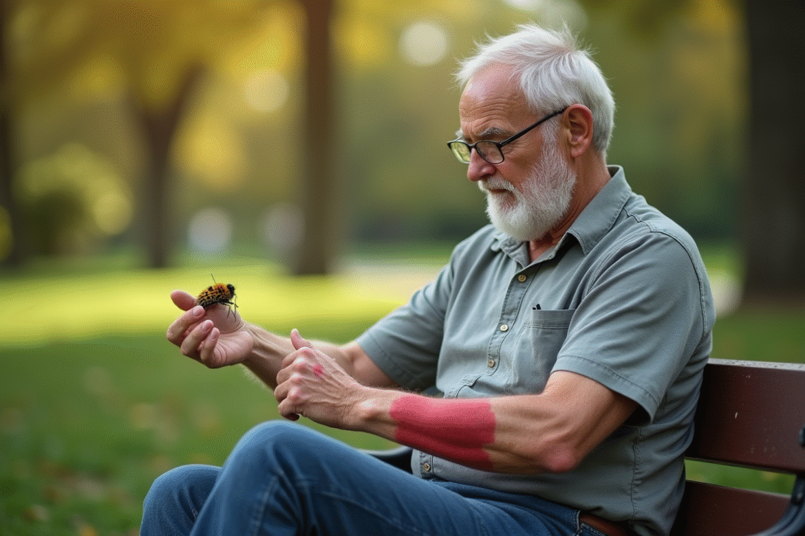 Homme senior assis sur un banc de parc examinant une éruption cutanée rouge