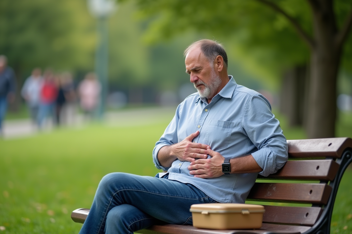 Homme préoccupé assis dans un parc avec lunchbox