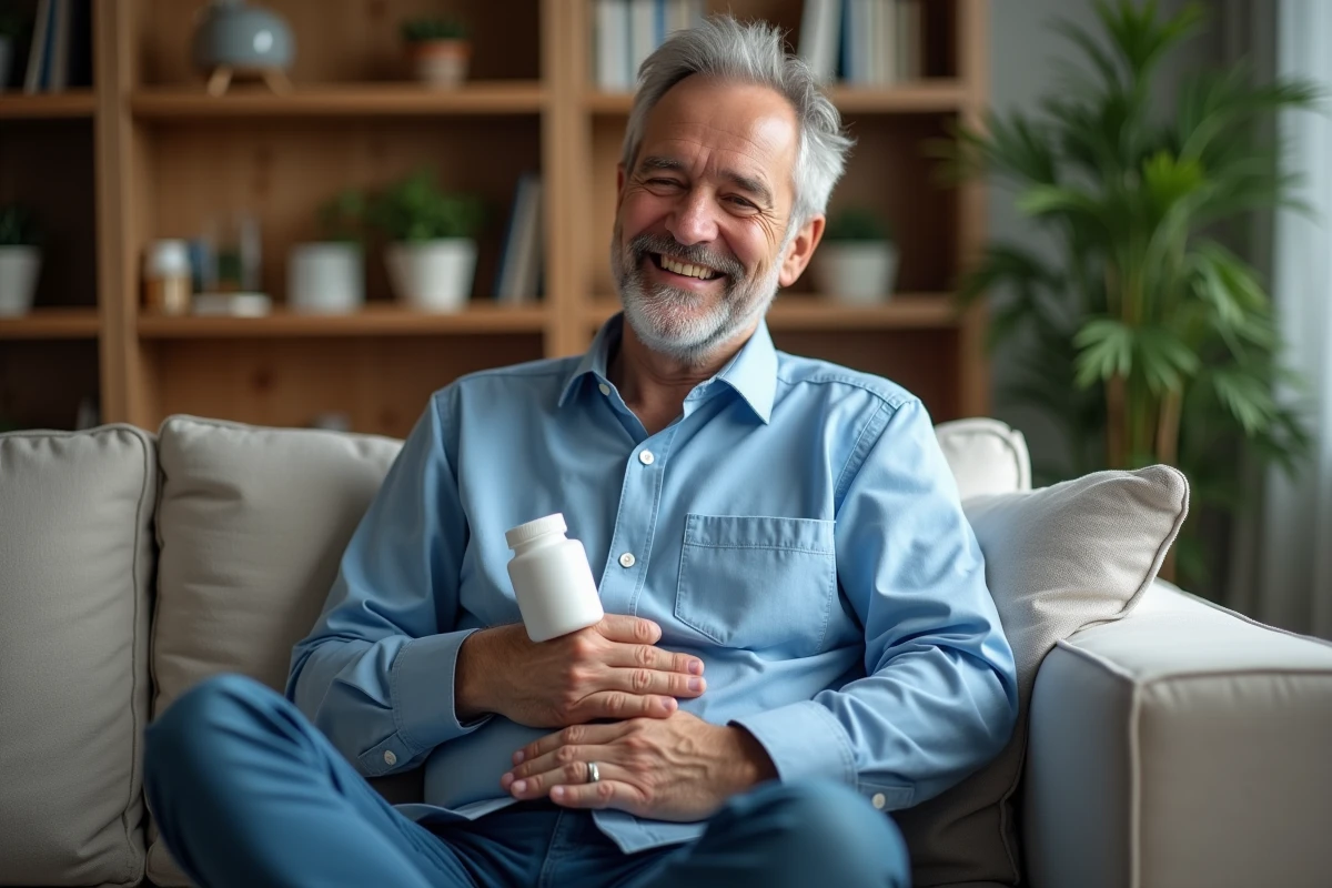 Homme détendu tenant un box de compléments dans le salon