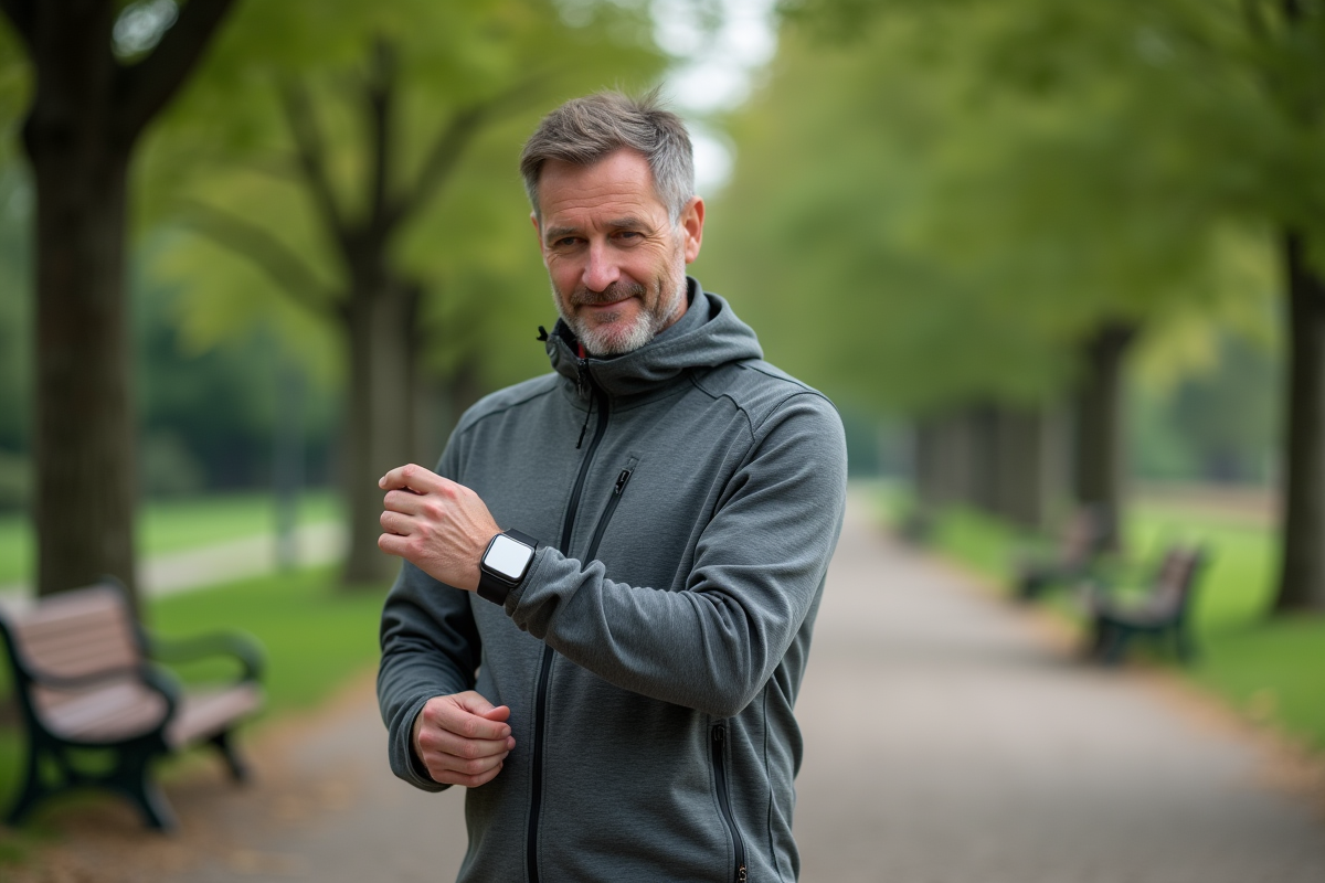 Homme vérifiant sa montre connectée dans un parc