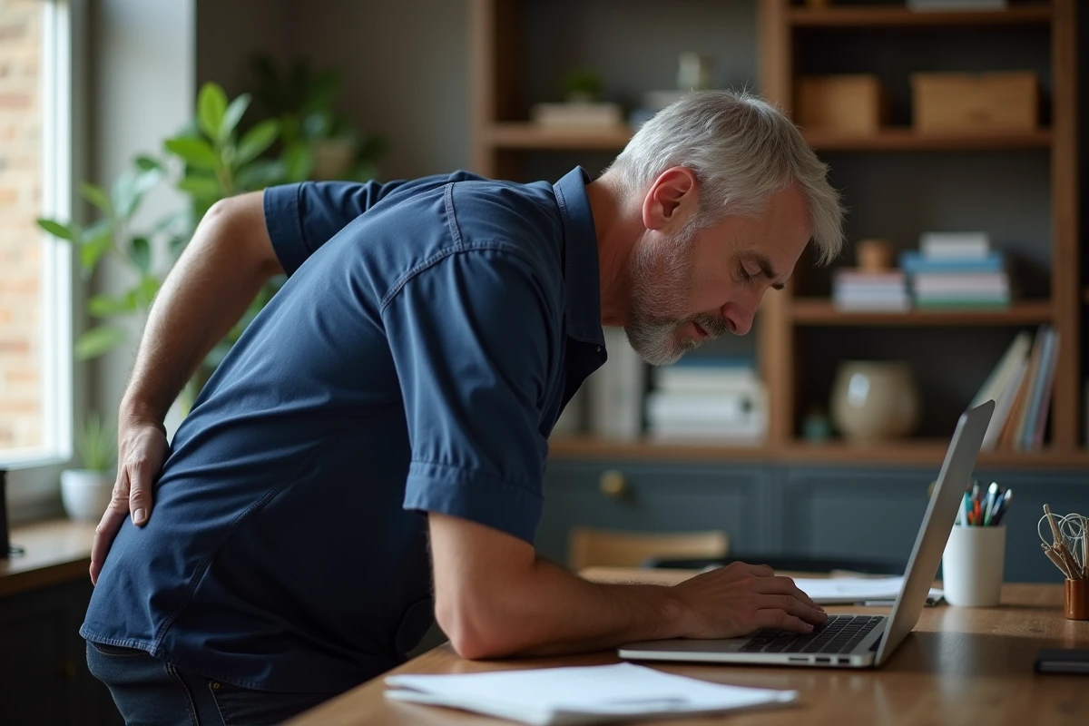 Homme en télétravail affiché une mauvaise posture assise devant un ordinateur portable avec une tension visible dans le bas du dos gauche
