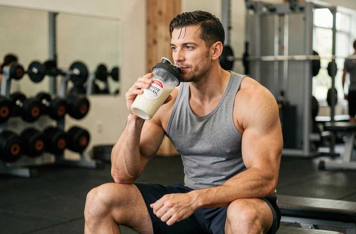 Homme musclé buvant une shaker de whey protéine après l'entraînement en salle de sport pour préserver la masse musculaire