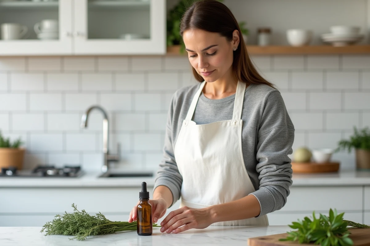 Femme préparant une huile essentielle de thym et des herbes fraîches sur un plan de travail en marbre