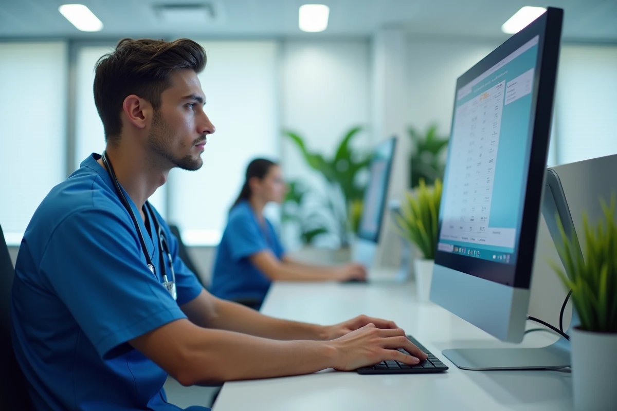 Jeune infirmier utilisant un ordinateur en clinique moderne