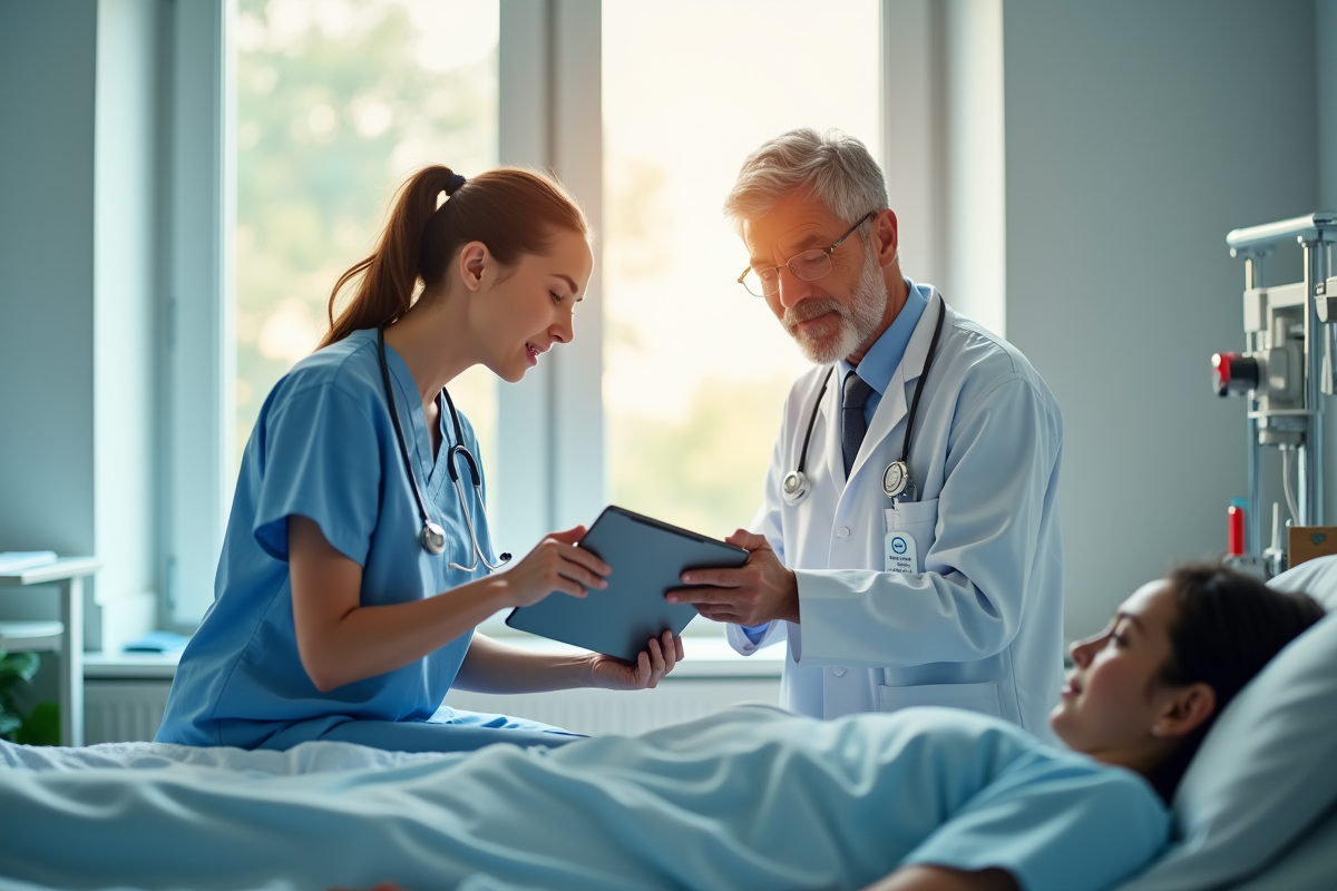 Infirmière et médecin examinant un patient dans une chambre