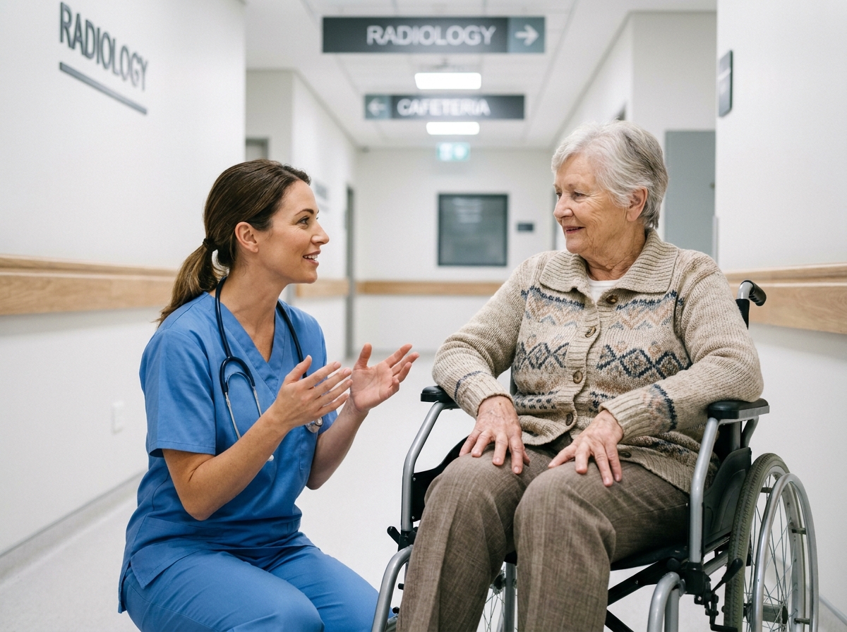 Infirmière communiquant avec une patiente malentendante en fauteuil roulant dans un couloir d'hôpital