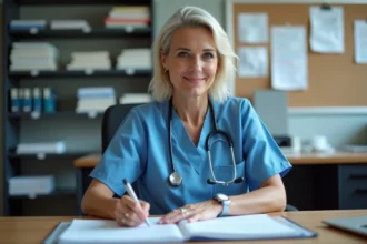 Infirmière en blouse bleue remplissant des dossiers