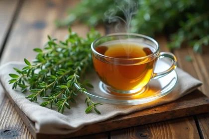 Brins de thym frais disposés à côté d'une tasse d'infusion de thym dorée sur une surface en bois rustique