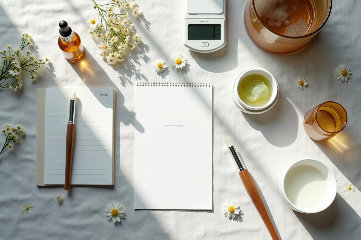 Vue de dessus d'une table avec les ingrédients et outils nécessaires pour fabriquer un sérum maison, incluant fioles en verre, balance de précision et notes de recette manuscrites