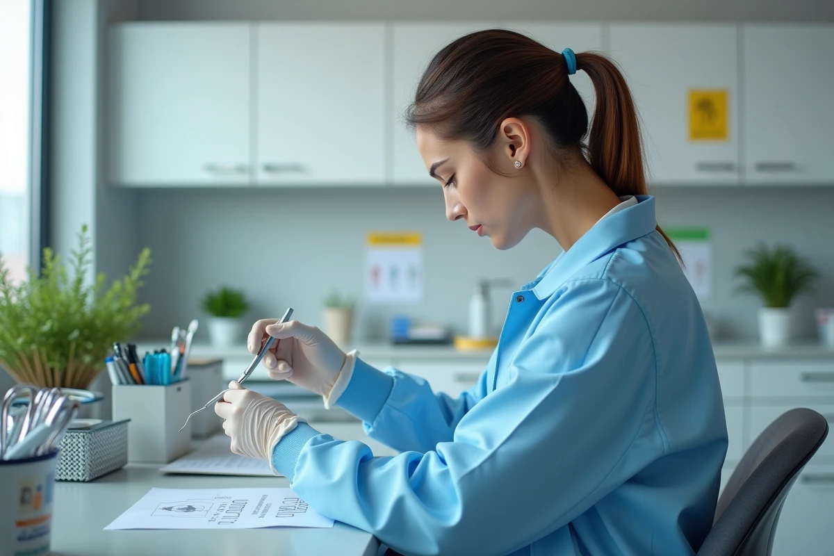 Jeune femme en lab dentaire étiquette des instruments