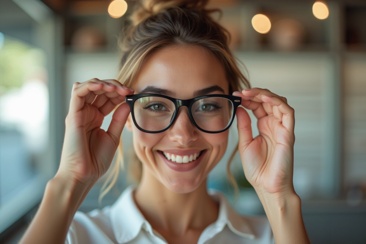 Jeune femme essayant des lunettes de mode dans un magasin lumineux