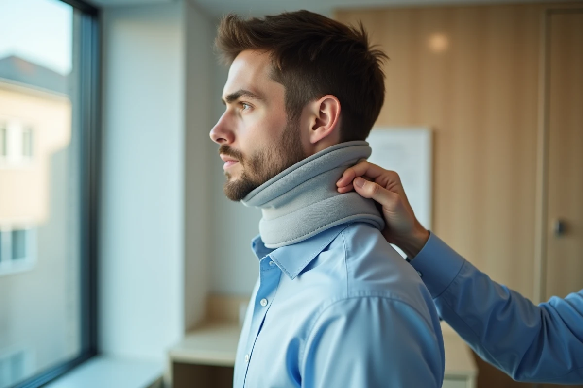 Jeune homme portant un collier cervical en reeducation
