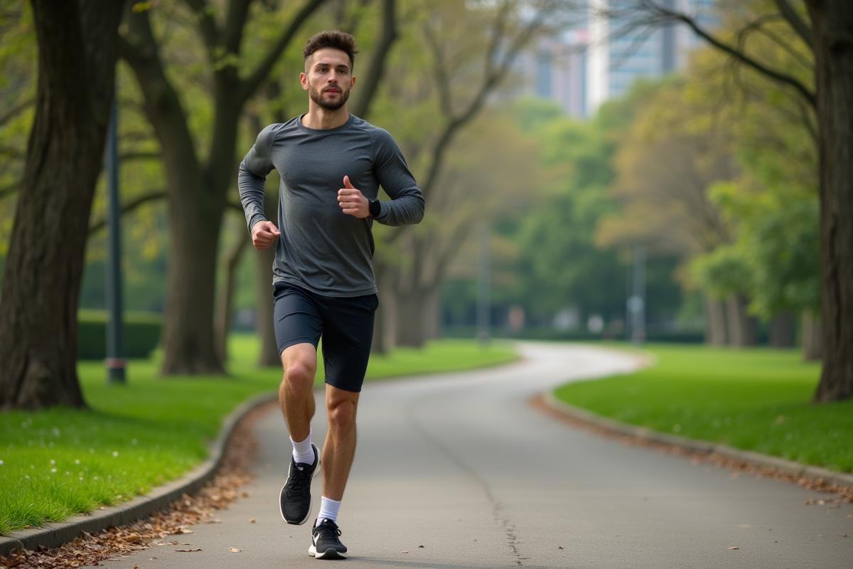 Jeune homme courant dans un parc urbain