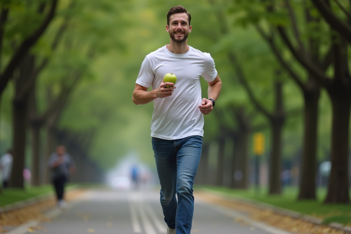 Jeune homme courant dans un parc urbain avec une pomme verte