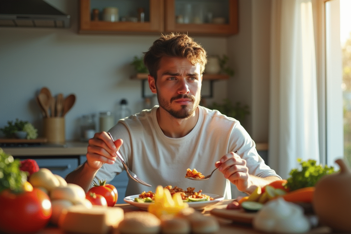 Jeune homme perplexe avec des aliments sains et gourmands