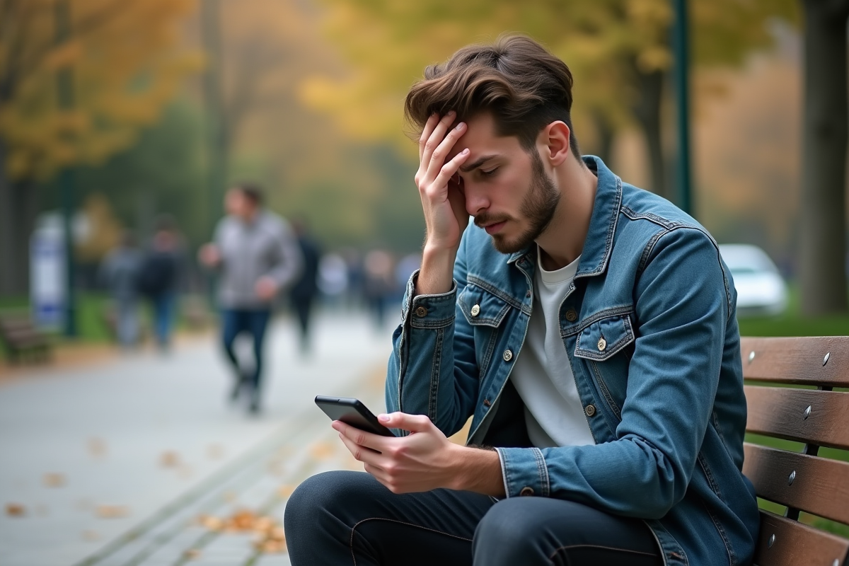 Jeune homme stressé assis sur un banc en ville
