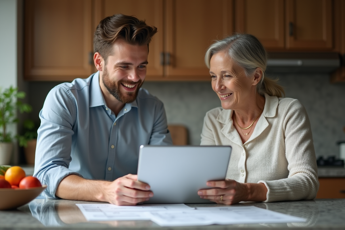 Jeune nutritionniste expliquant un plan repas à une cliente dans la cuisine