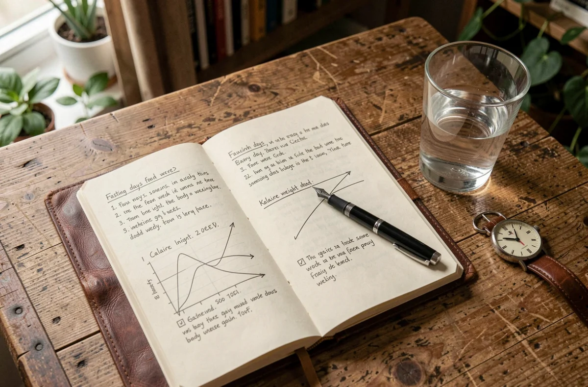 Journal ouvert sur un bureau en bois avec des notes manuscrites suivant les jours de jeûne et les effets métaboliques, accompagné d'un verre d'eau