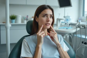 Femme en cabinet dentaire tenant sa mâchoire bloquée avec une expression de douleur, assise dans un fauteuil dentaire moderne