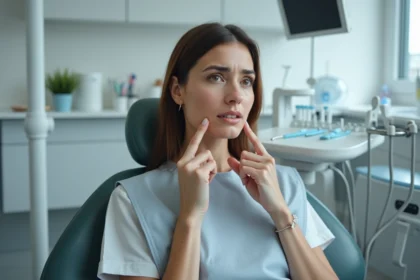 Femme en cabinet dentaire tenant sa mâchoire bloquée avec une expression de douleur, assise dans un fauteuil dentaire moderne