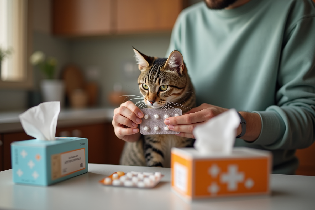 Main caressant un chat avec médicaments et mouchoirs en premier plan