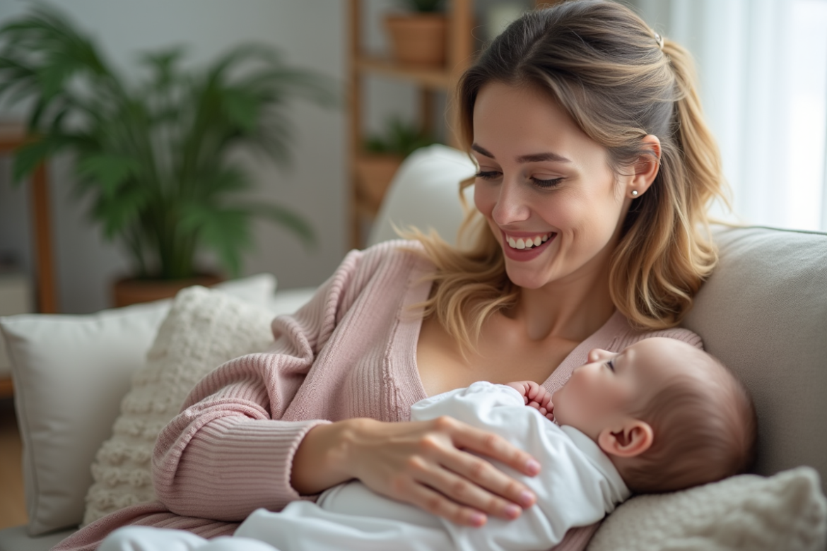 Jeune maman souriante allaitant son bébé à la maison