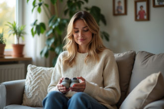 Femme tenant des petites chaussures de bébé dans un salon chaleureux