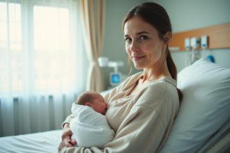 Femme souriante tenant un nouveau-né dans une maternité lumineuse
