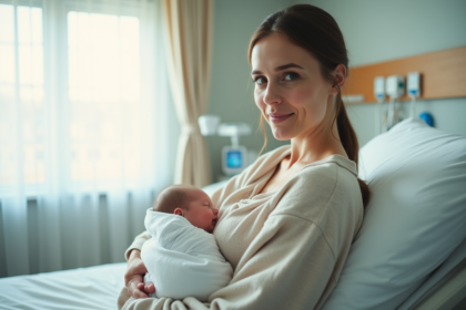 Femme souriante tenant un nouveau-né dans une maternité lumineuse