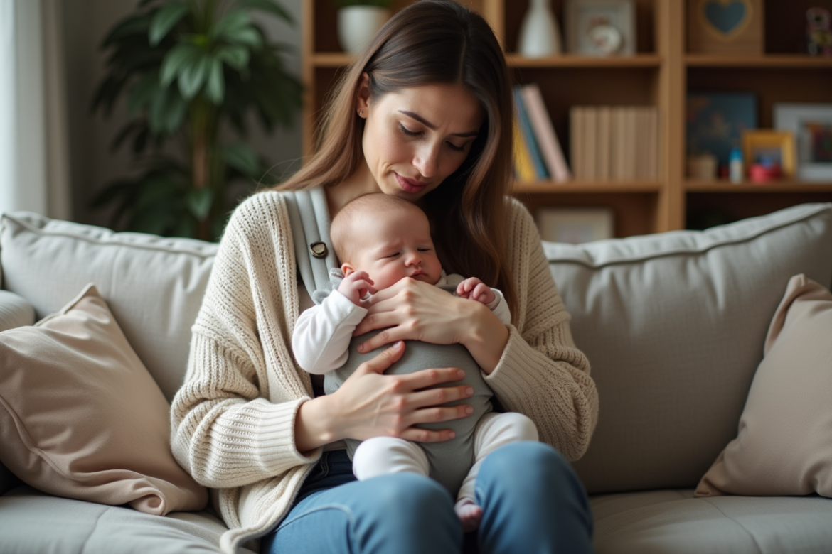 Maman avec bébé en porte-bébé dans un salon cosy