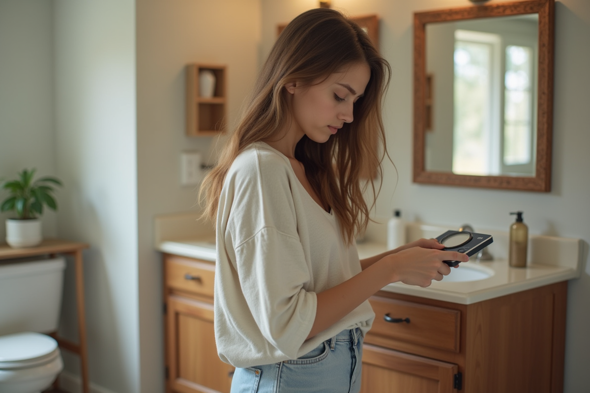 Jeune mère se pesant dans une salle de bain à la maison