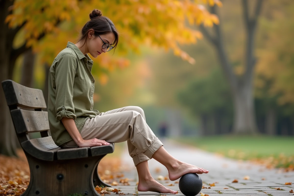 Femme utilisant une balle de massage sous le pied en plein air pour soulager la douleur de l'épine calcanéenne