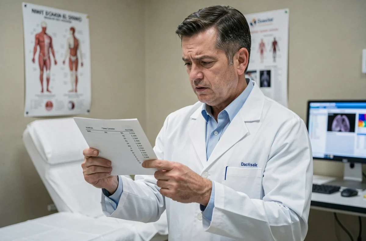 Médecin en consultation tenant un bilan sanguin montrant une ferritine très basse à 6 ng/ml, expliquant les risques de carence en fer non traitée
