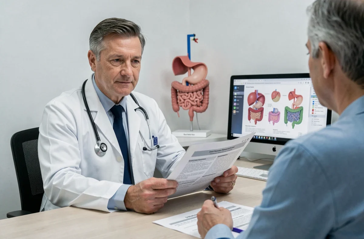 Gastro-entérologue consultant un patient sur les troubles digestifs et les selles mousseuses liés au syndrome de l'intestin irritable