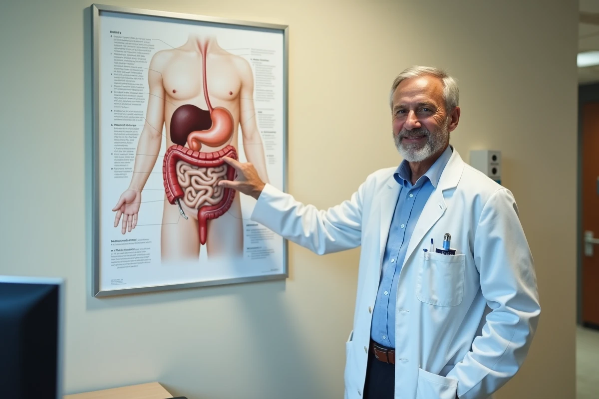 Médecin gastroentérologue pointant la région abdominale droite sur un schéma anatomique dans un cabinet médical, illustrant le diagnostic des troubles digestifs