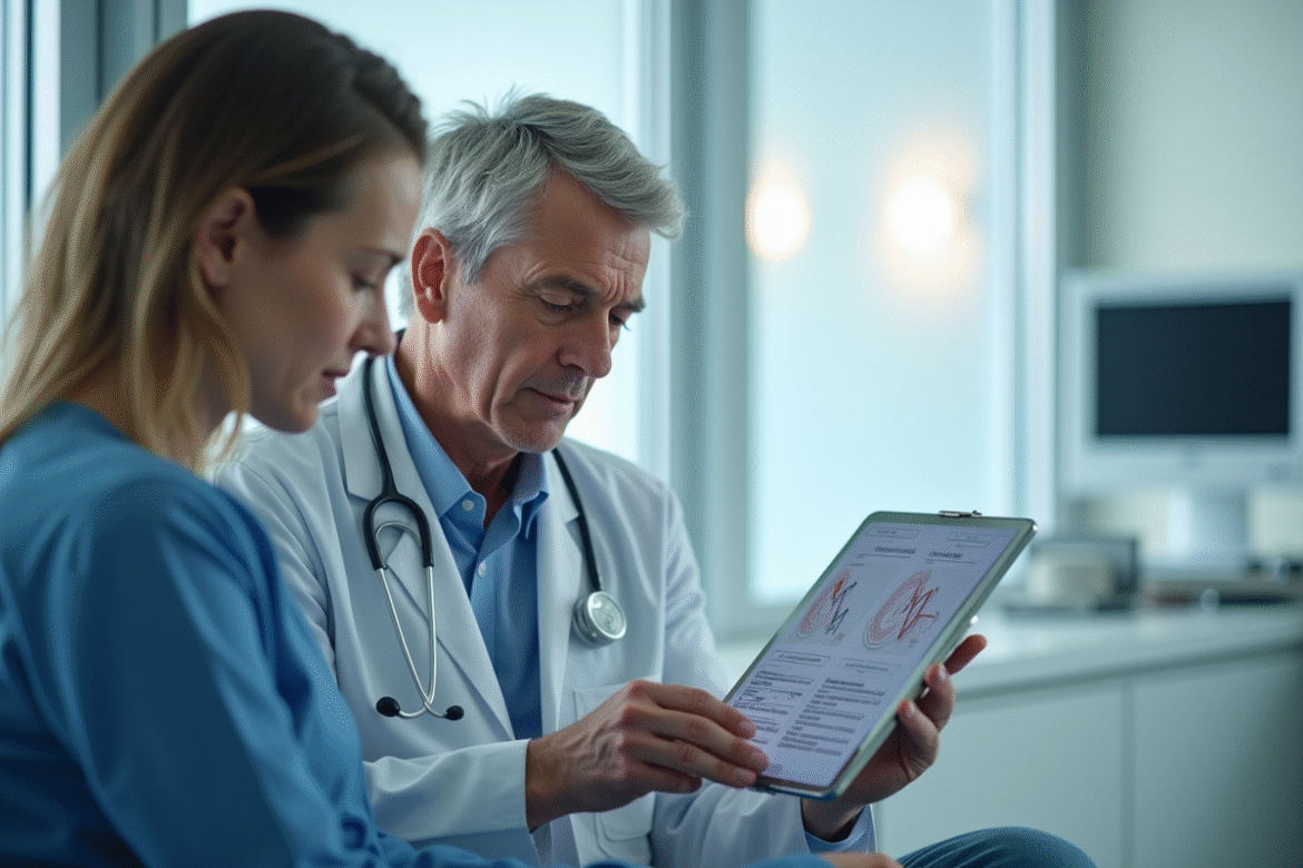 Medecin expliquant des resultats medicaux sur une tablette