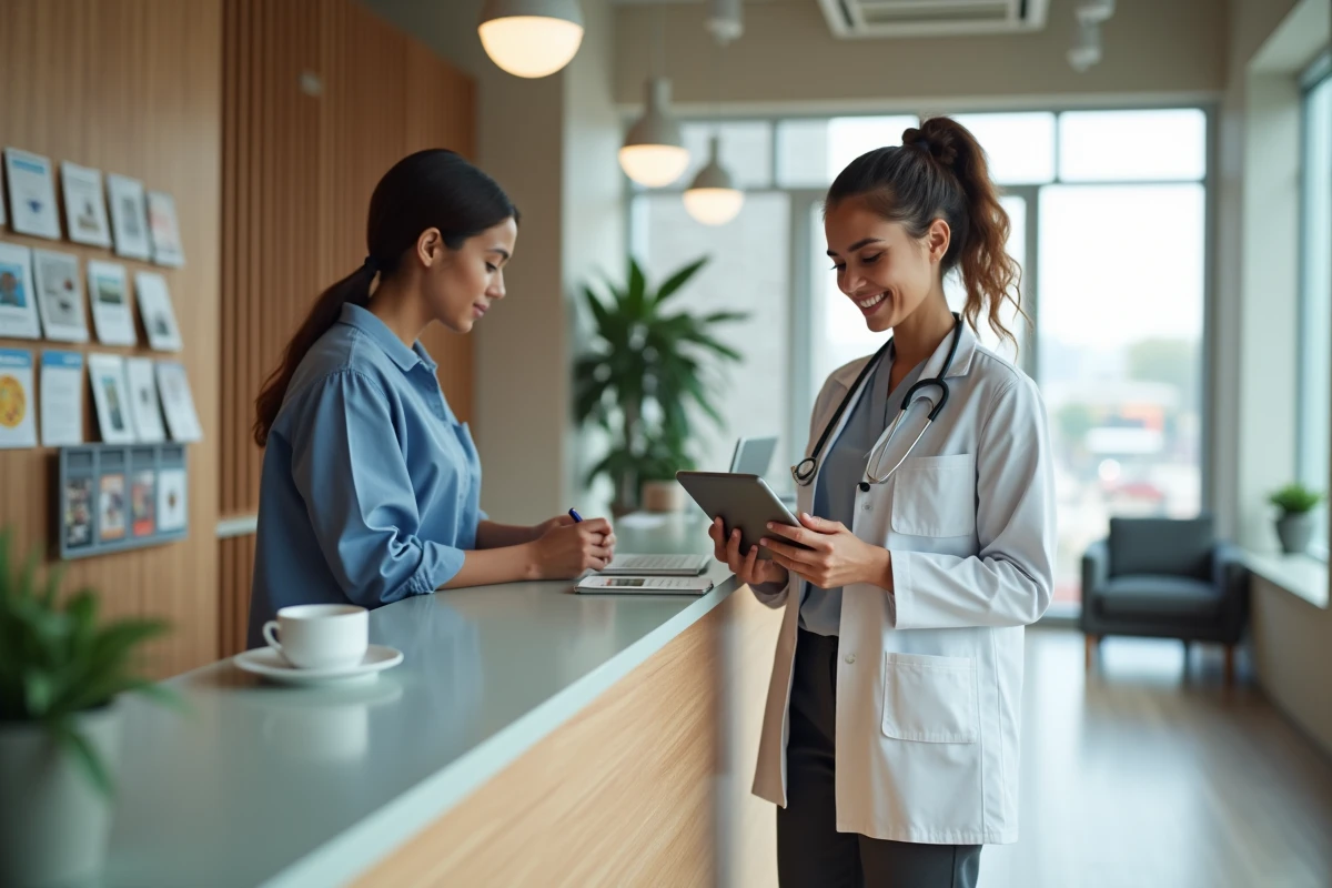 Jeune femme médecin avec tablette à la reception