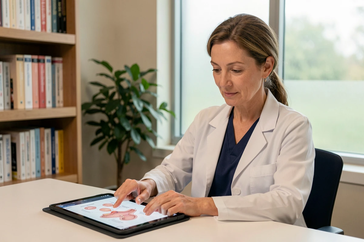 Professionnelle de santé féminine montrant un schéma dermatologique sur tablette dans un bureau médical
