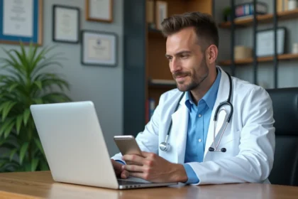Médecin homme en blanc au bureau moderne