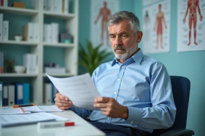 Homme d'âge moyen lisant une fiche dans un cabinet médical