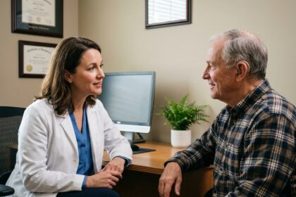 Médecin et patient malentendant en consultation face-à-face, communication adaptée en cabinet médical