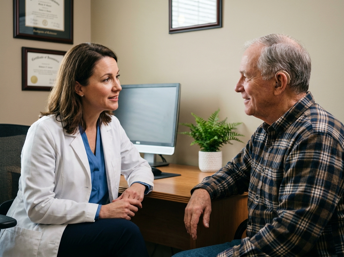 Médecin et patient malentendant en consultation face-à-face, communication adaptée en cabinet médical