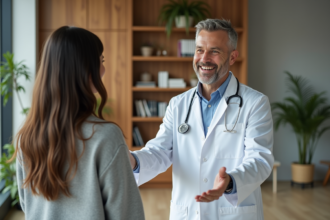 Medecin souriant accueillant une patiente dans un cabinet moderne