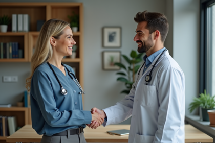 Médecins échangeant en cabinet médical professionnel